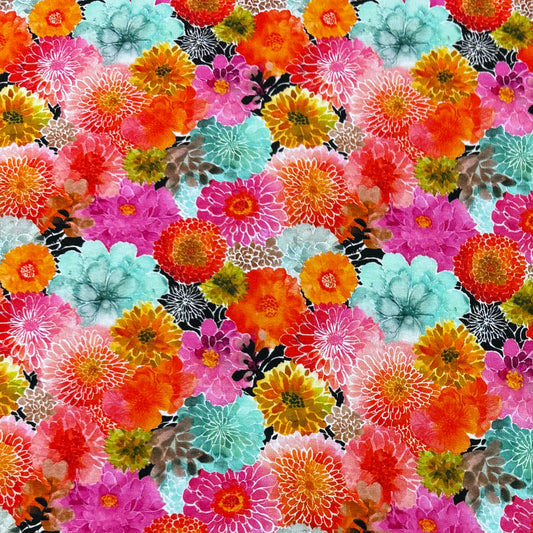 Vibrant Zinnias on Bamboo Stretch French Terry Fabric