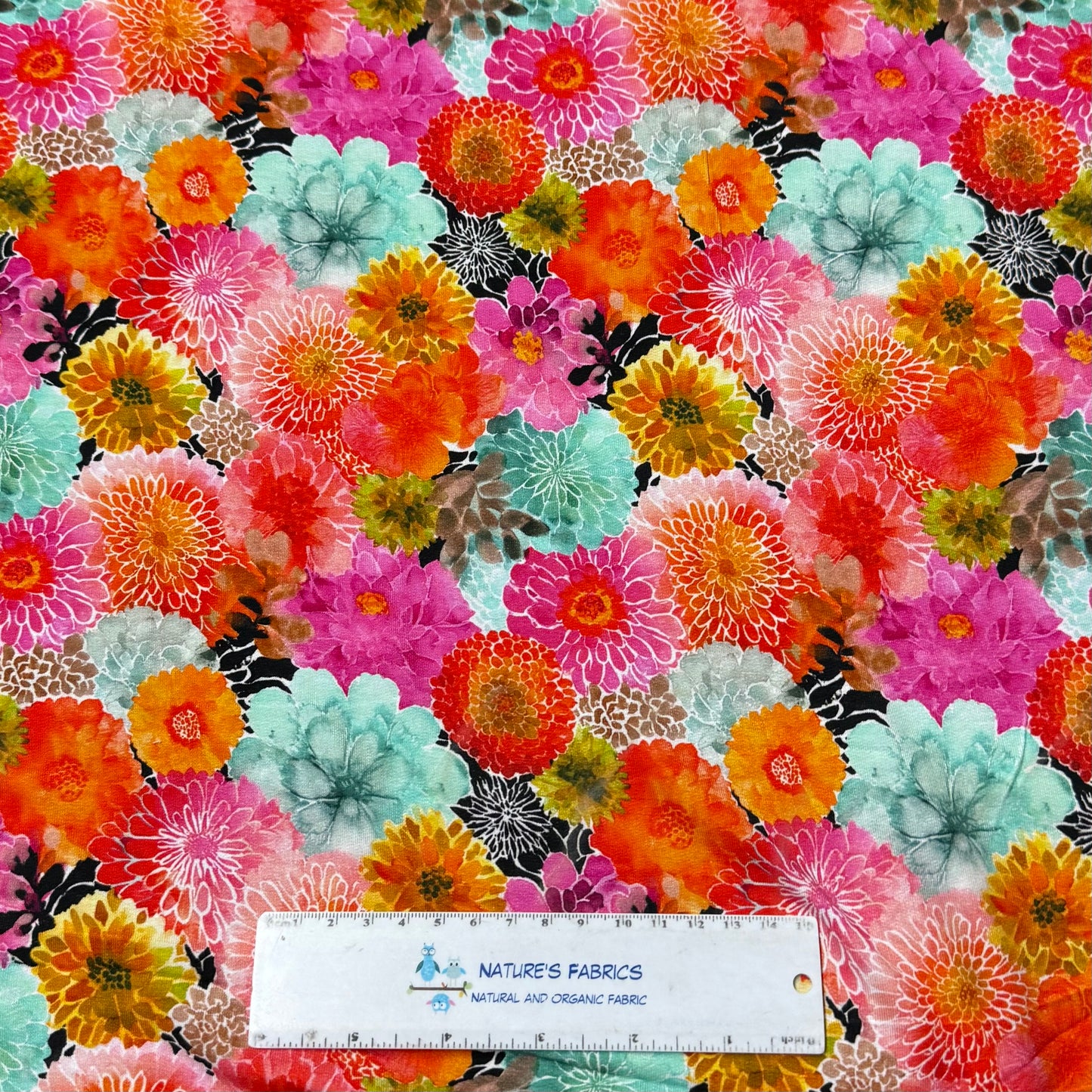 Vibrant Zinnias on Organic Cotton/Spandex Jersey Fabric