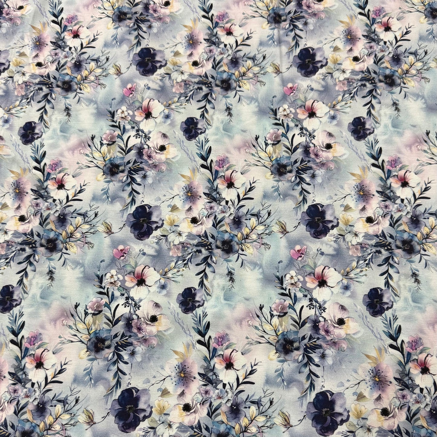 Winter Blue Flowers on Organic Cotton/Spandex Jersey Fabric