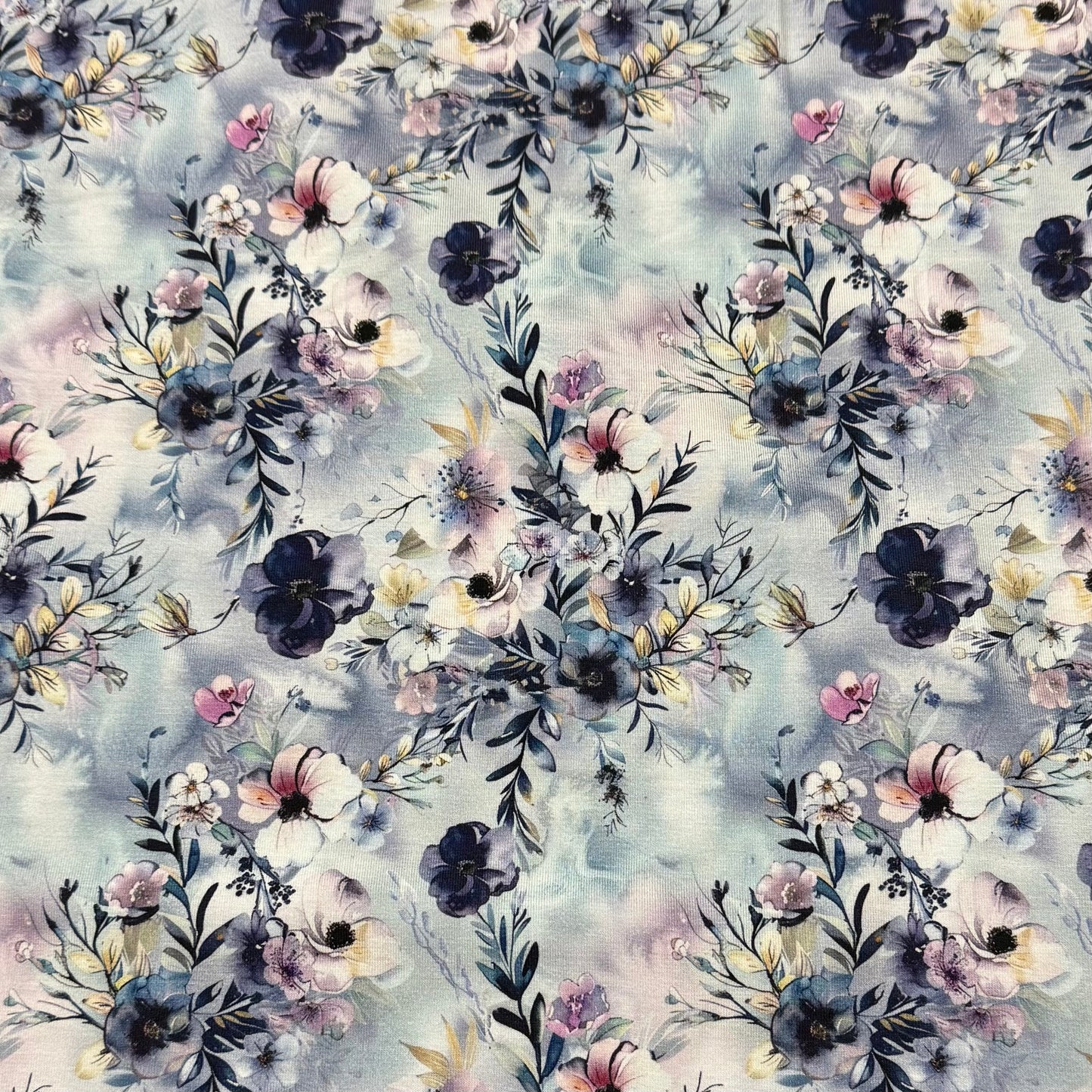 Winter Blue Flowers on Organic Cotton/Spandex Jersey Fabric