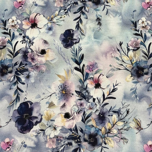 Winter Blue Flowers on Organic Cotton/Spandex Jersey Fabric