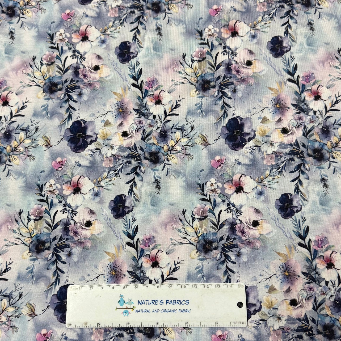 Winter Blue Flowers on Organic Cotton/Spandex Jersey Fabric