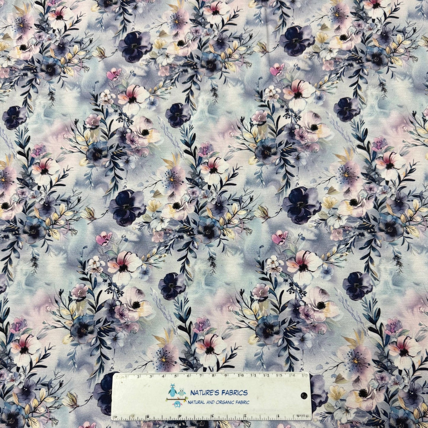Winter Blue Flowers on Organic Cotton/Spandex Jersey Fabric