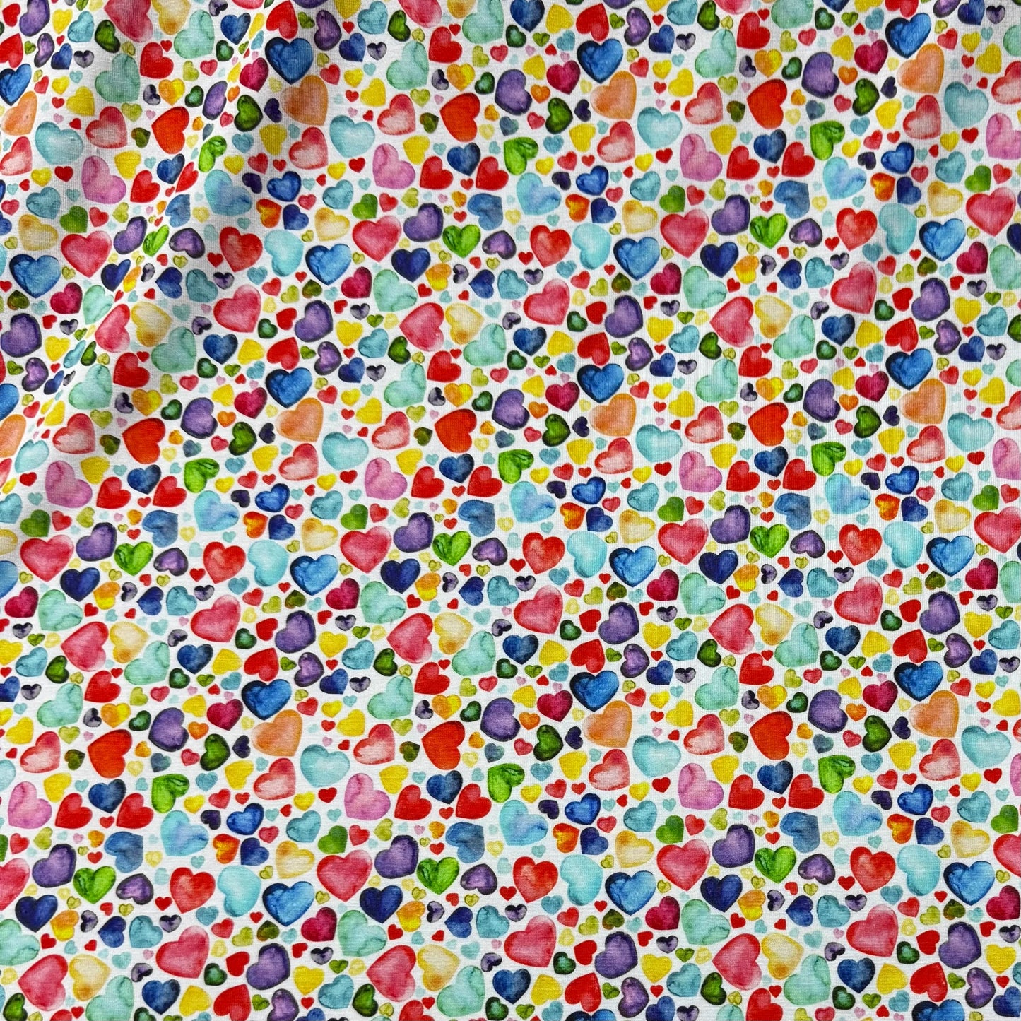Rainbow Heart Toss on Bamboo/Spandex Jersey Fabric