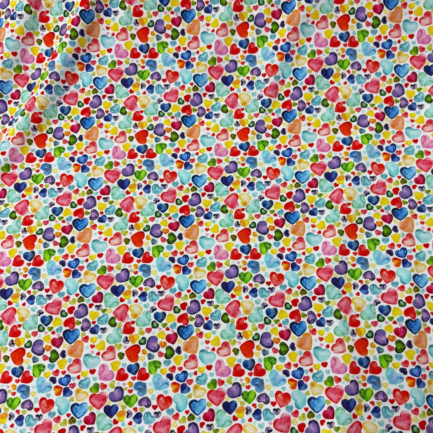 Rainbow Heart Toss on Bamboo/Spandex Jersey Fabric