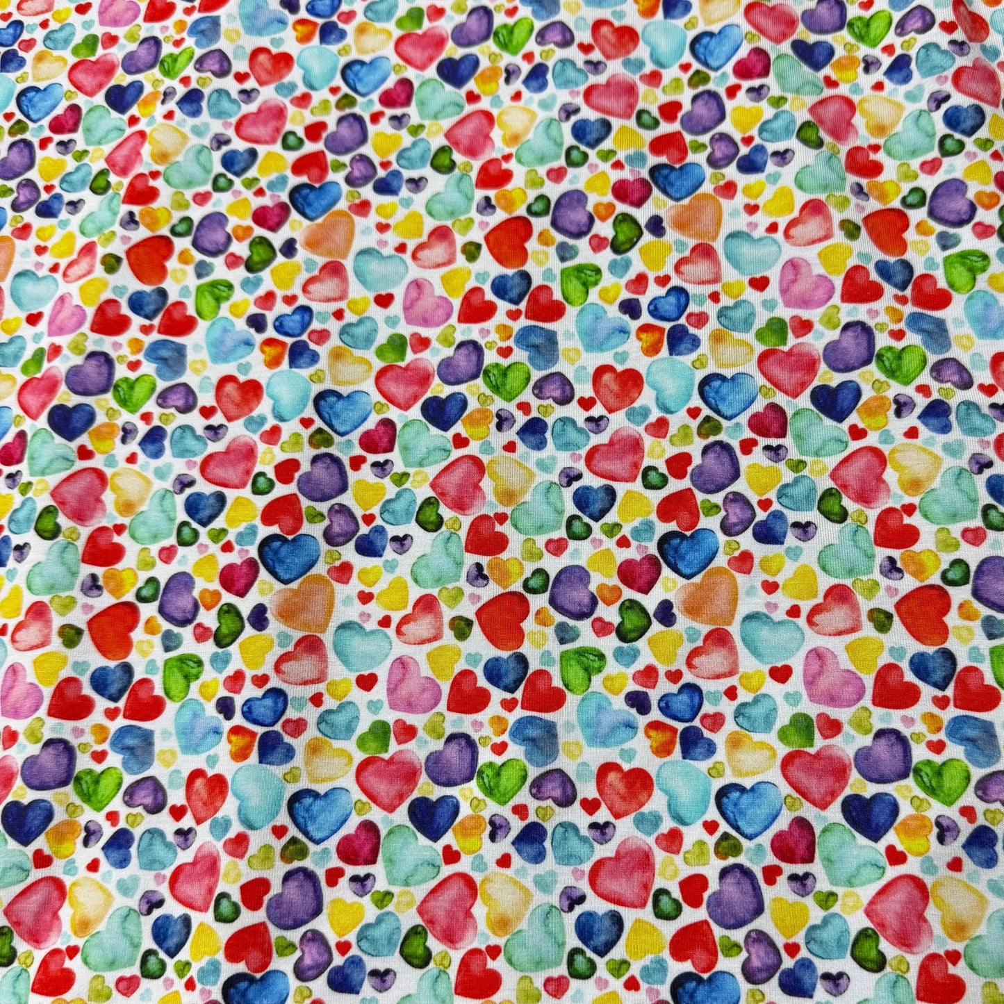 Rainbow Heart Toss on Bamboo/Spandex Jersey Fabric