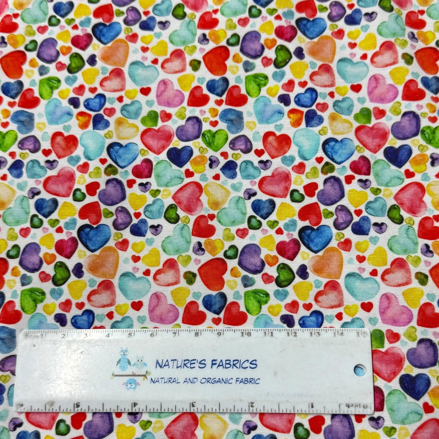 Rainbow Heart Toss on Bamboo/Spandex Jersey Fabric