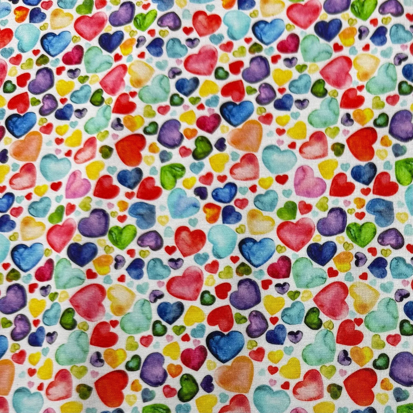 Rainbow Heart Toss on Bamboo/Spandex Jersey Fabric