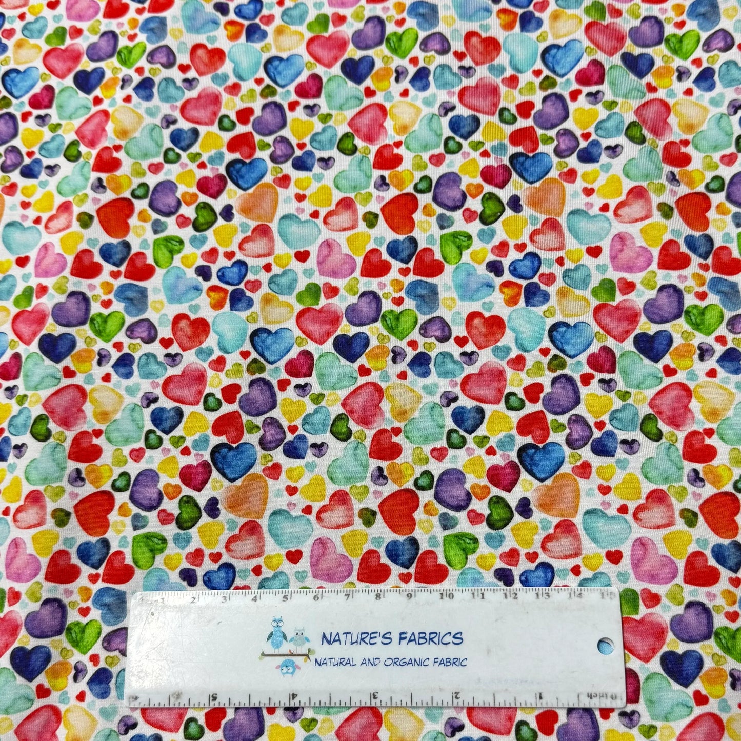 Rainbow Heart Toss on Bamboo/Spandex Jersey Fabric