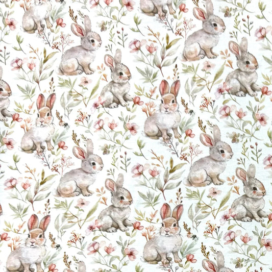 Rabbits in the Garden on Bamboo/Spandex Jersey Fabric