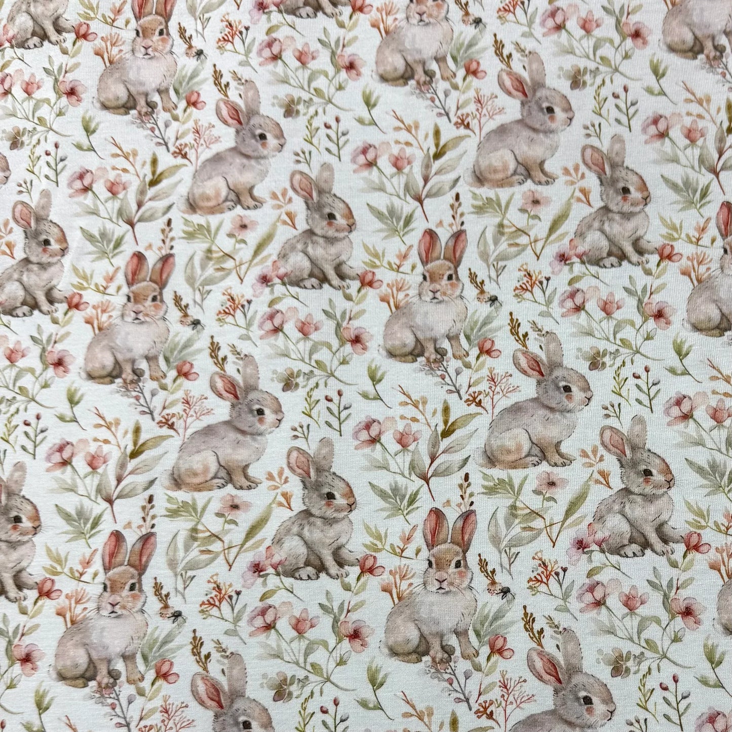 Rabbits in the Garden on Bamboo/Spandex Jersey Fabric