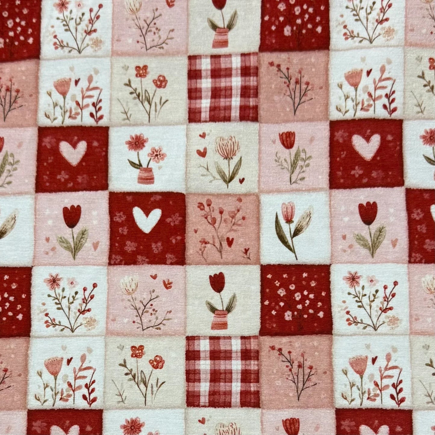 Pink and Red Valentine Patchwork on Bamboo/Spandex Jersey Fabric