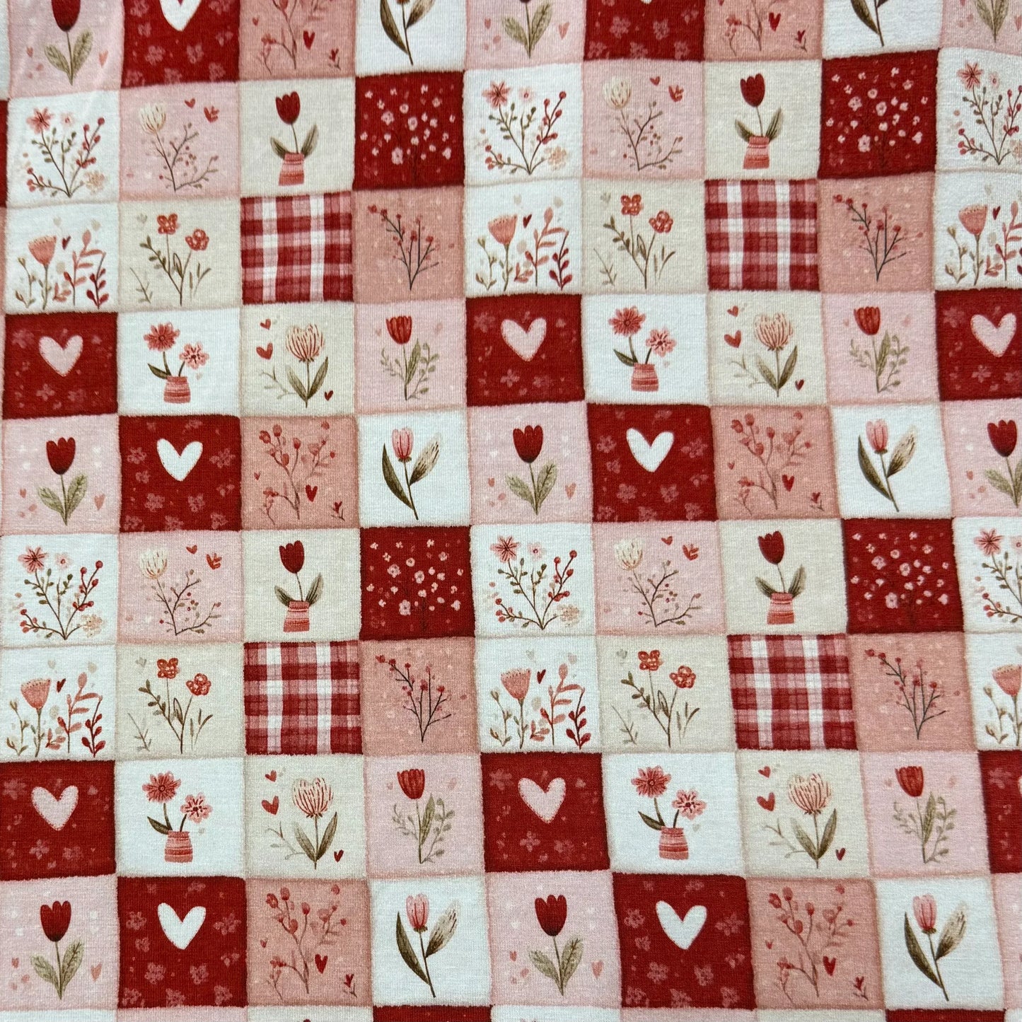 Pink and Red Valentine Patchwork on Bamboo/Spandex Jersey Fabric