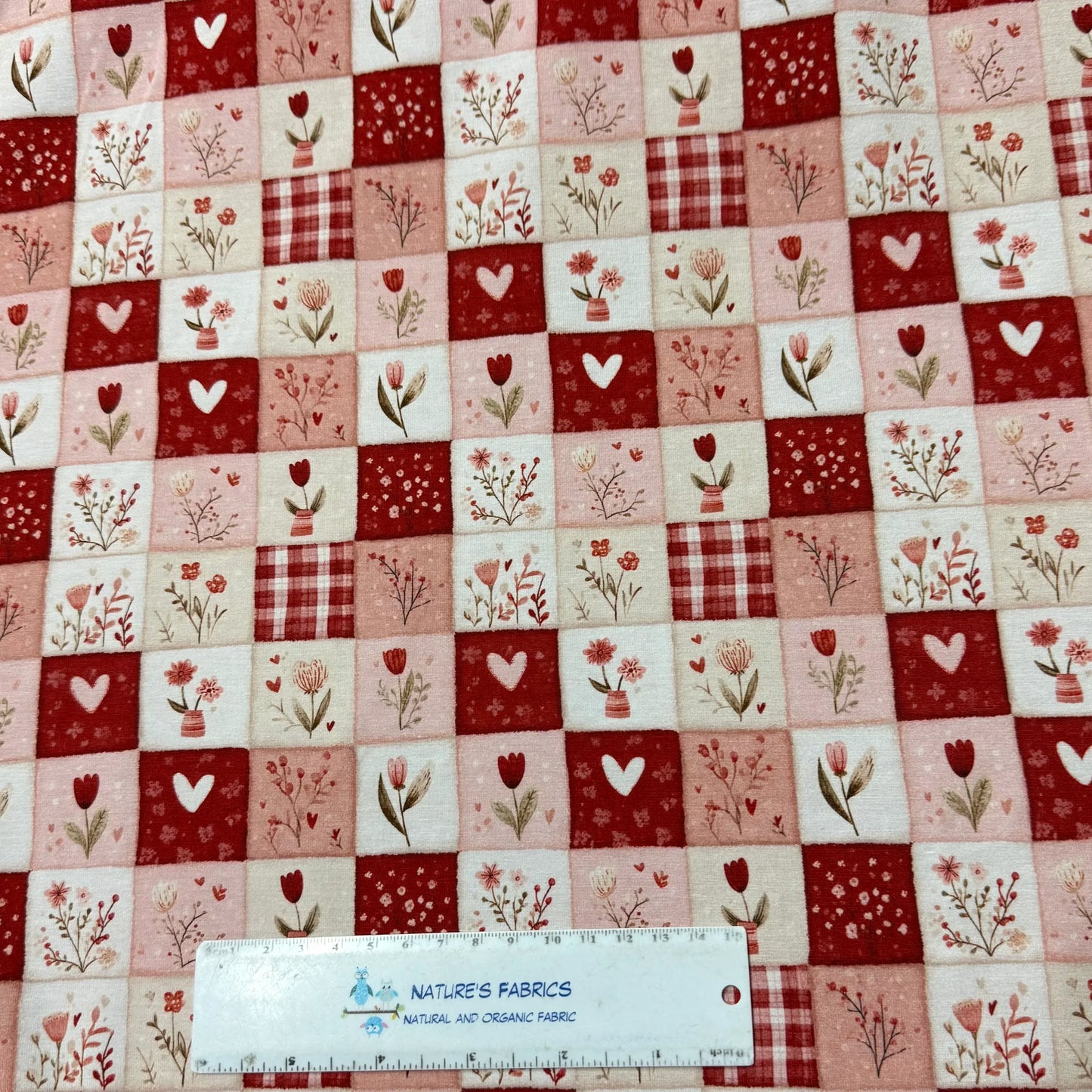 Pink and Red Valentine Patchwork on Bamboo/Spandex Jersey Fabric