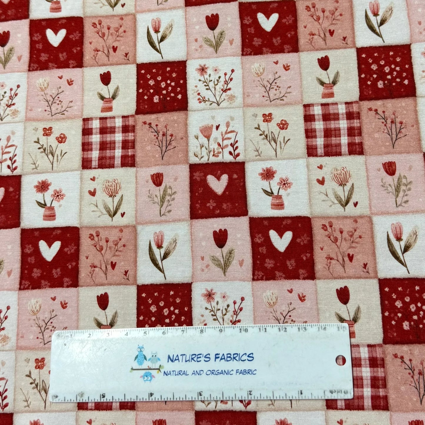 Pink and Red Valentine Patchwork on Bamboo/Spandex Jersey Fabric