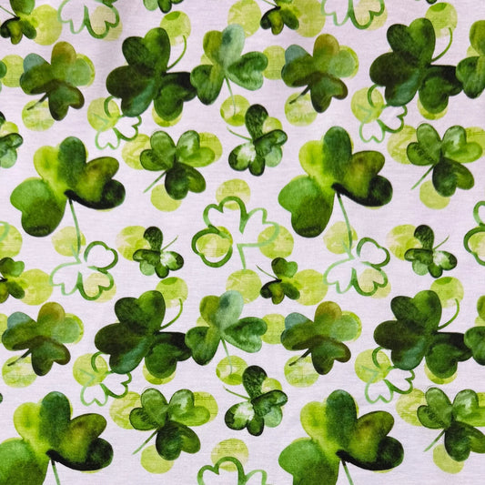 Watercolor Shamrocks on White Organic Cotton/Spandex Jersey Fabric