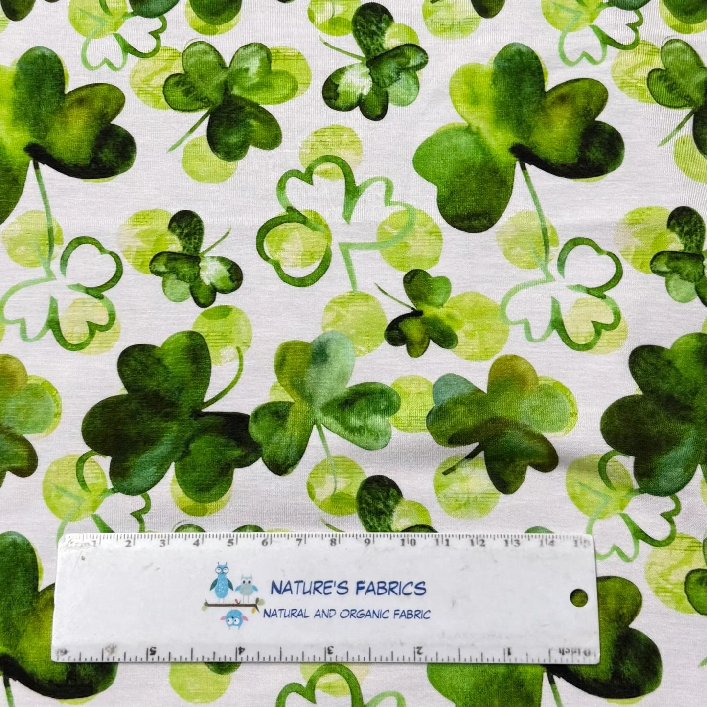 Watercolor Shamrocks on White Organic Cotton/Spandex Jersey Fabric