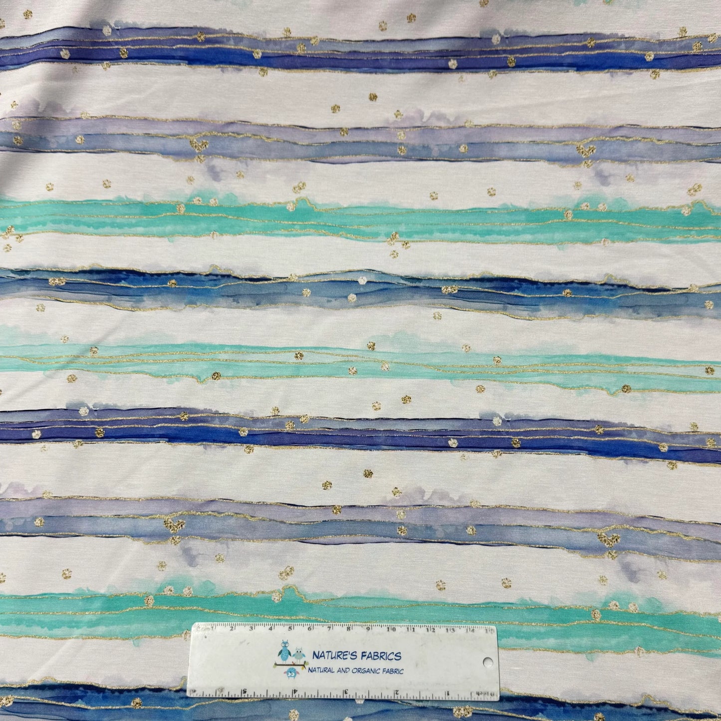 Teal and Blue Watercolor Stripes on Bamboo/Spandex Jersey Fabric