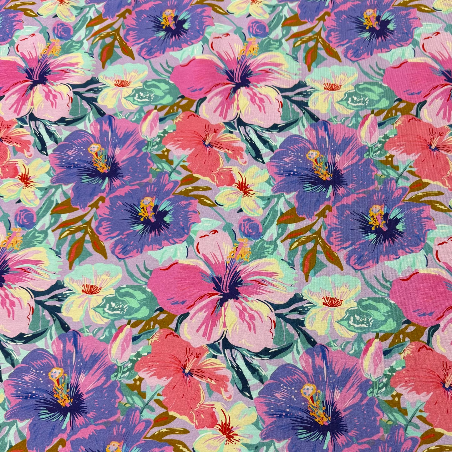 Painted Hibiscus on Organic Cotton/Spandex Jersey Fabric
