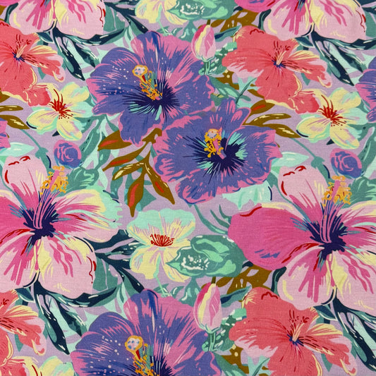 Painted Hibiscus on Organic Cotton/Spandex Jersey Fabric