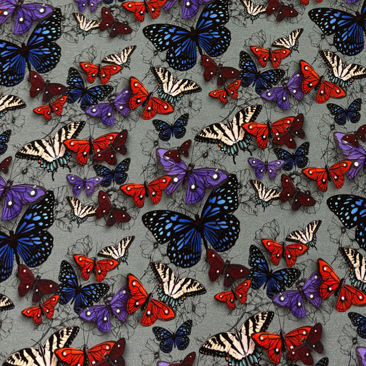 Butterflies with Flower Sketches on Bamboo/Spandex Jersey Fabrics