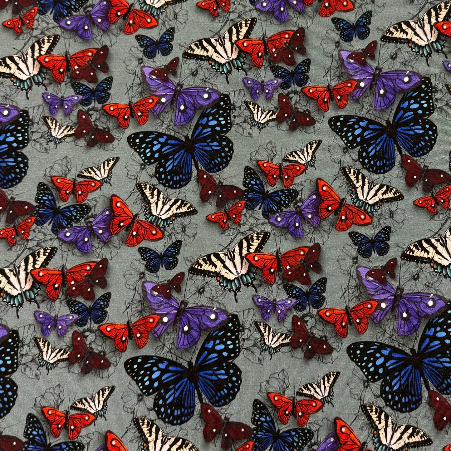 Butterflies with Flower Sketches on Bamboo/Spandex Jersey Fabrics