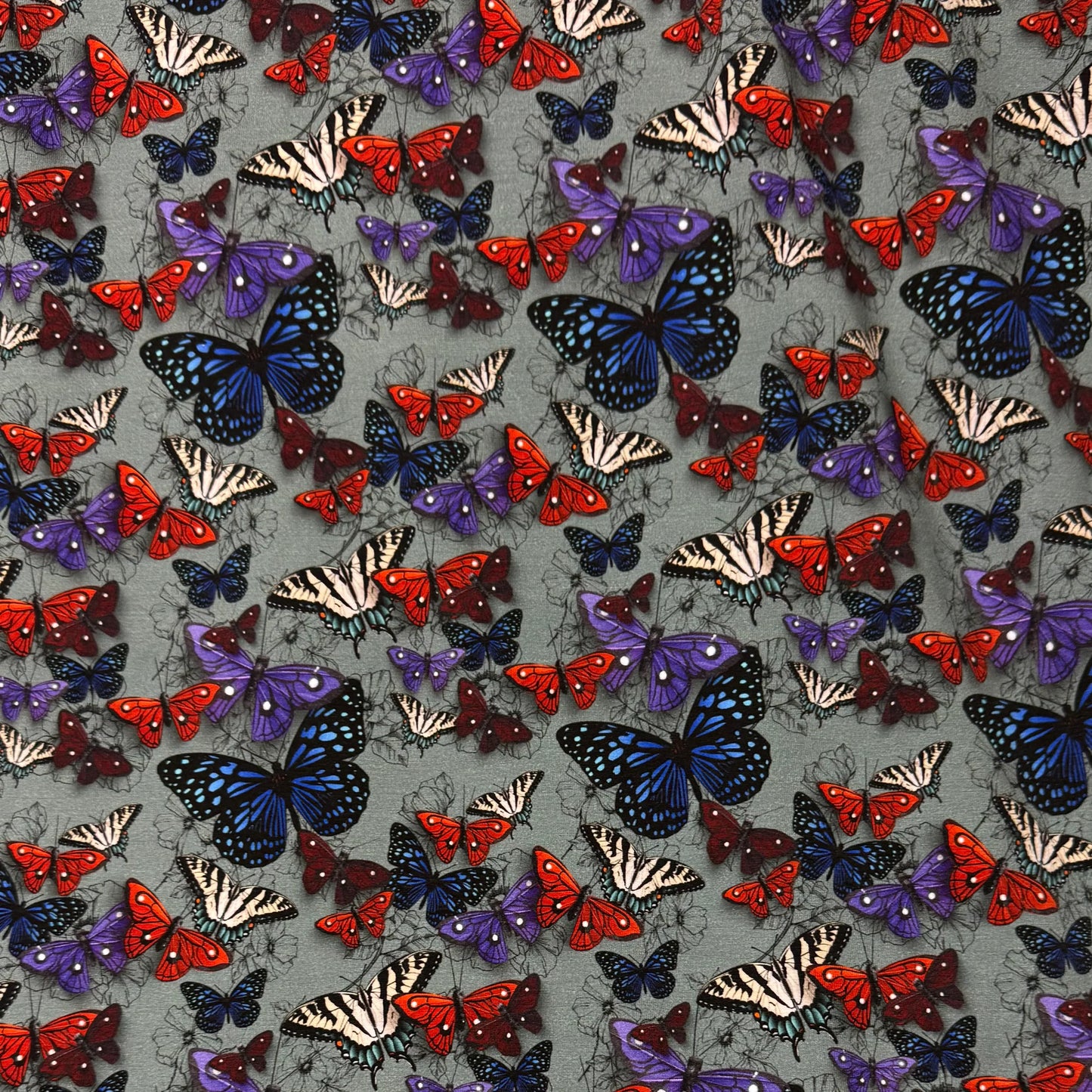 Butterflies with Flower Sketches on Bamboo/Spandex Jersey Fabrics