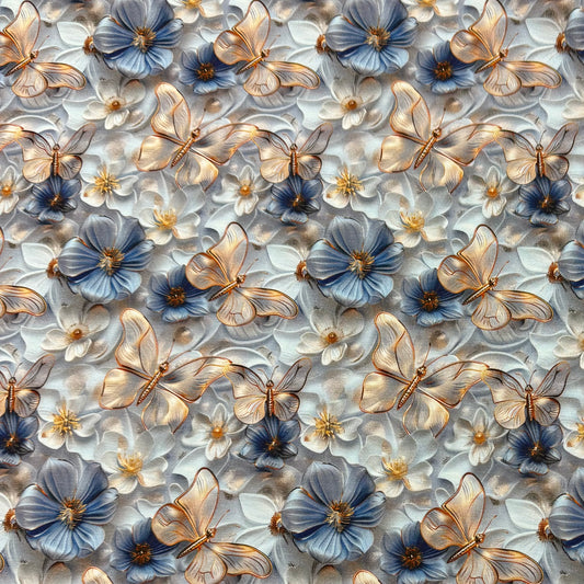 Gold Butterflies on Light Blue Organic Cotton/Spandex Jersey Fabric