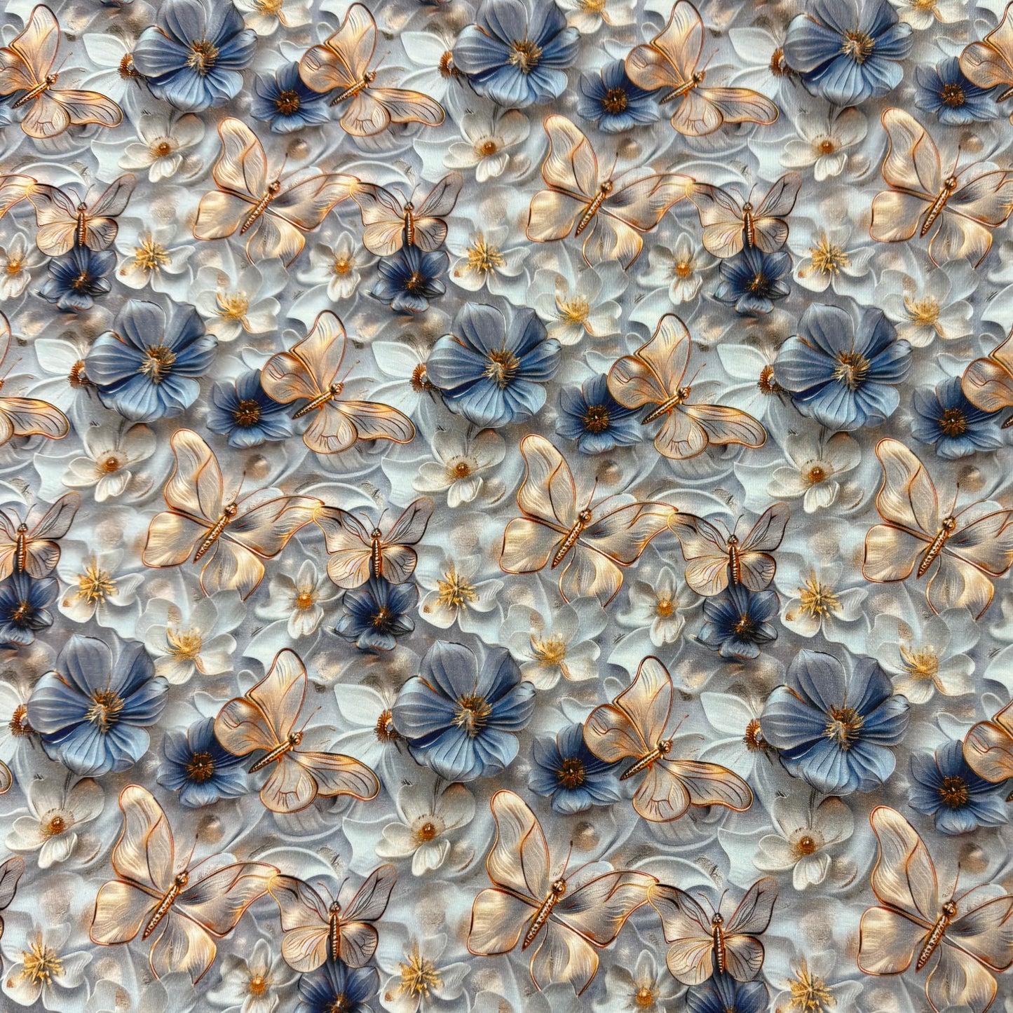 Gold Butterflies on Light Blue Organic Cotton/Spandex Jersey Fabric