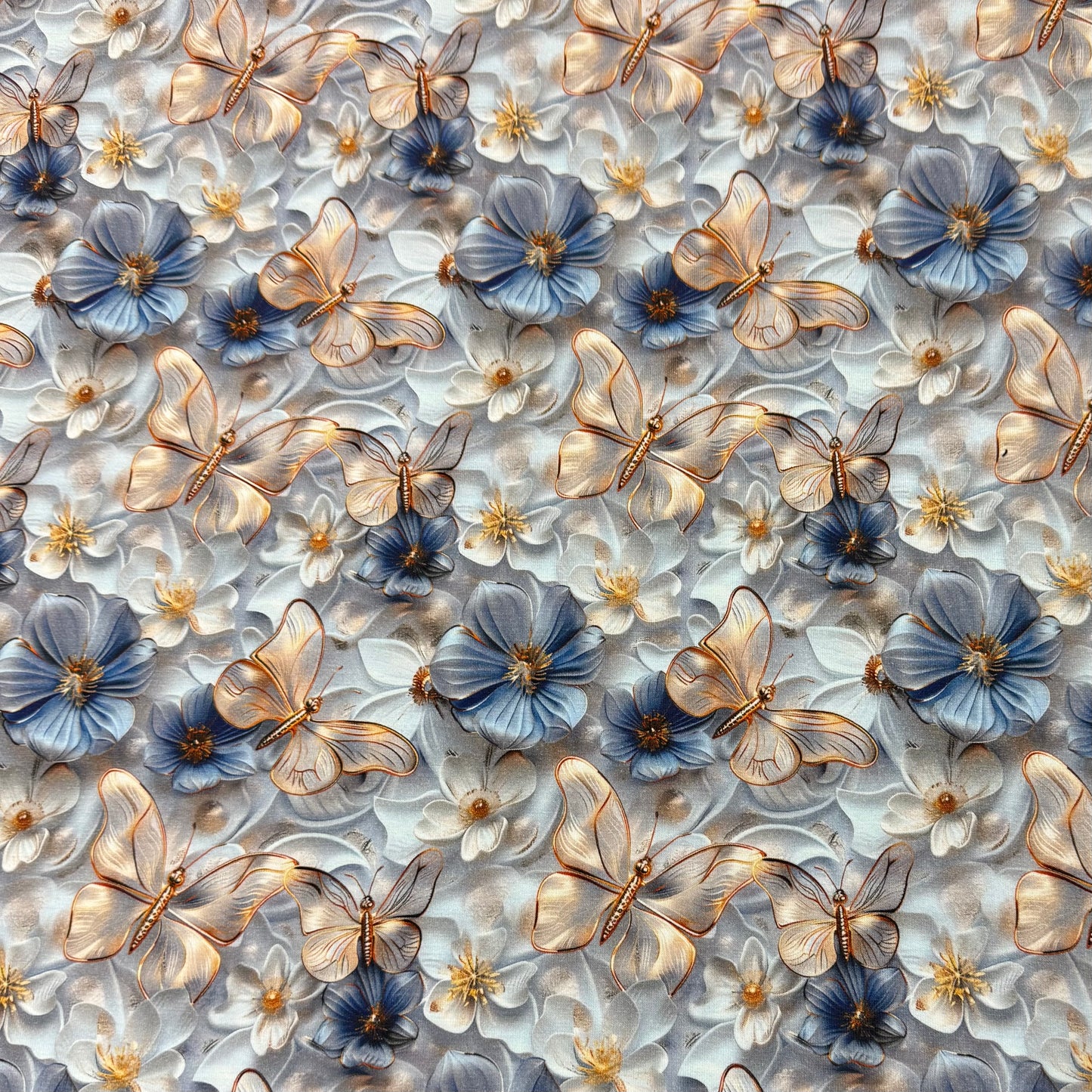 Gold Butterflies on Light Blue Organic Cotton/Spandex Jersey Fabric