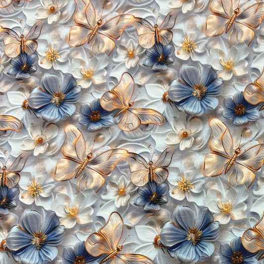 Gold Butterflies on Light Blue Bamboo/Spandex Jersey Fabrics