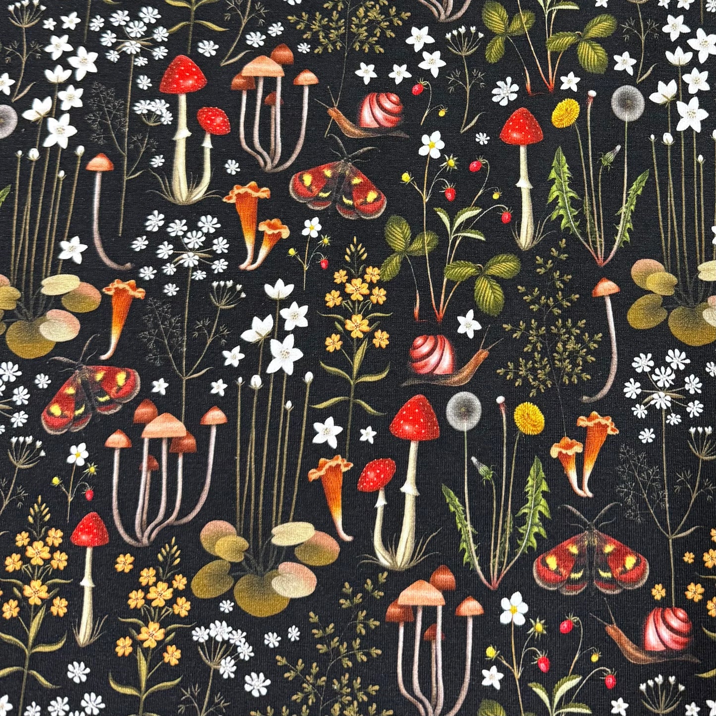 Forest Florals on Black Bamboo/Spandex Jersey Fabric