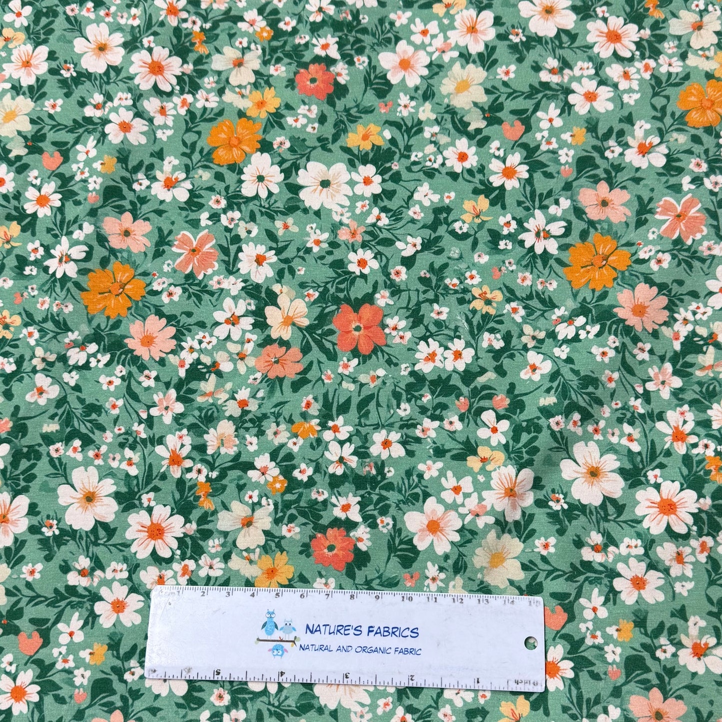 Vintage Floral on Green Organic Cotton/Spandex Jersey Fabric