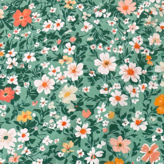 Vintage Floral on Green Organic Cotton/Spandex Jersey Fabric