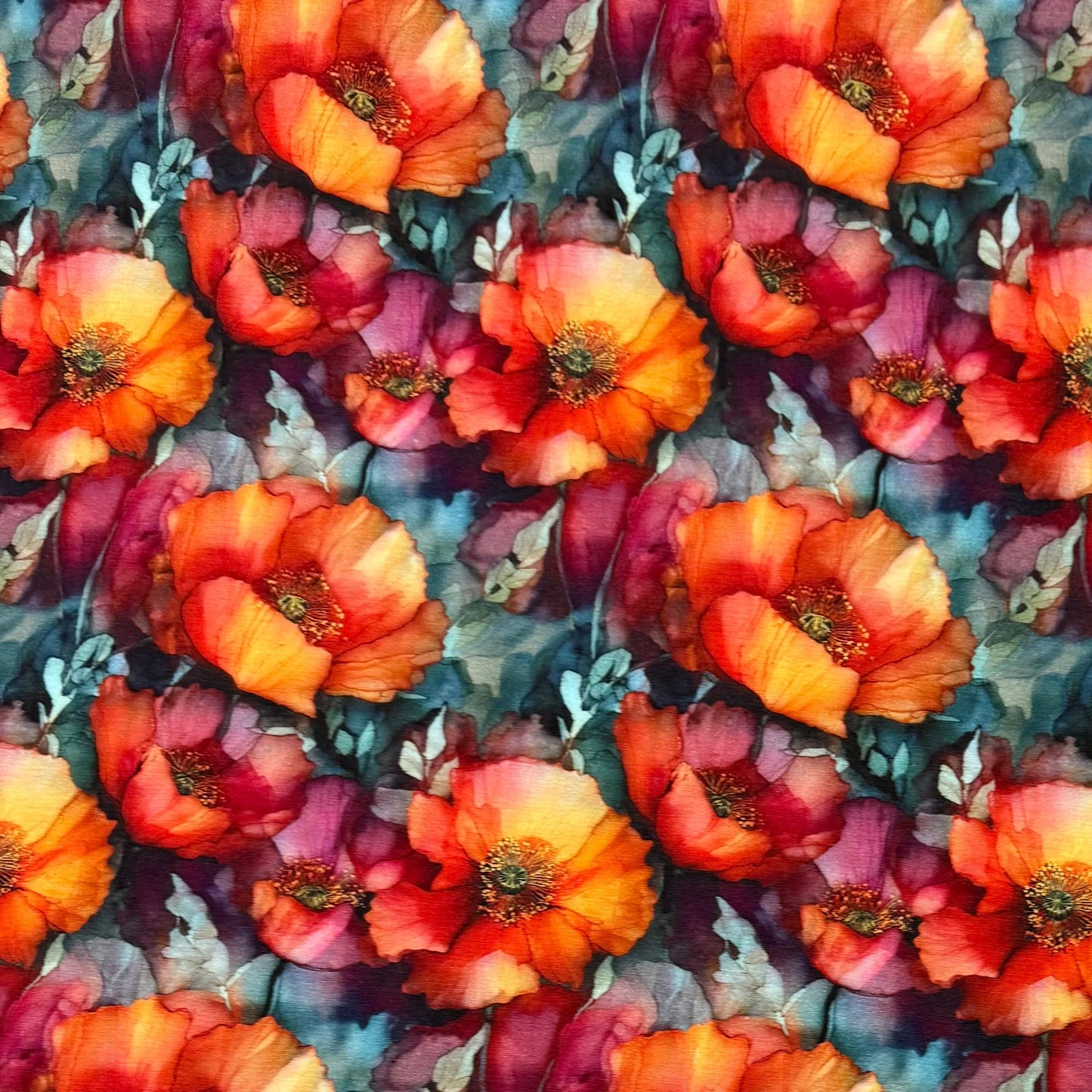 Watercolor Poppies on Bamboo/Spandex Jersey Fabrics