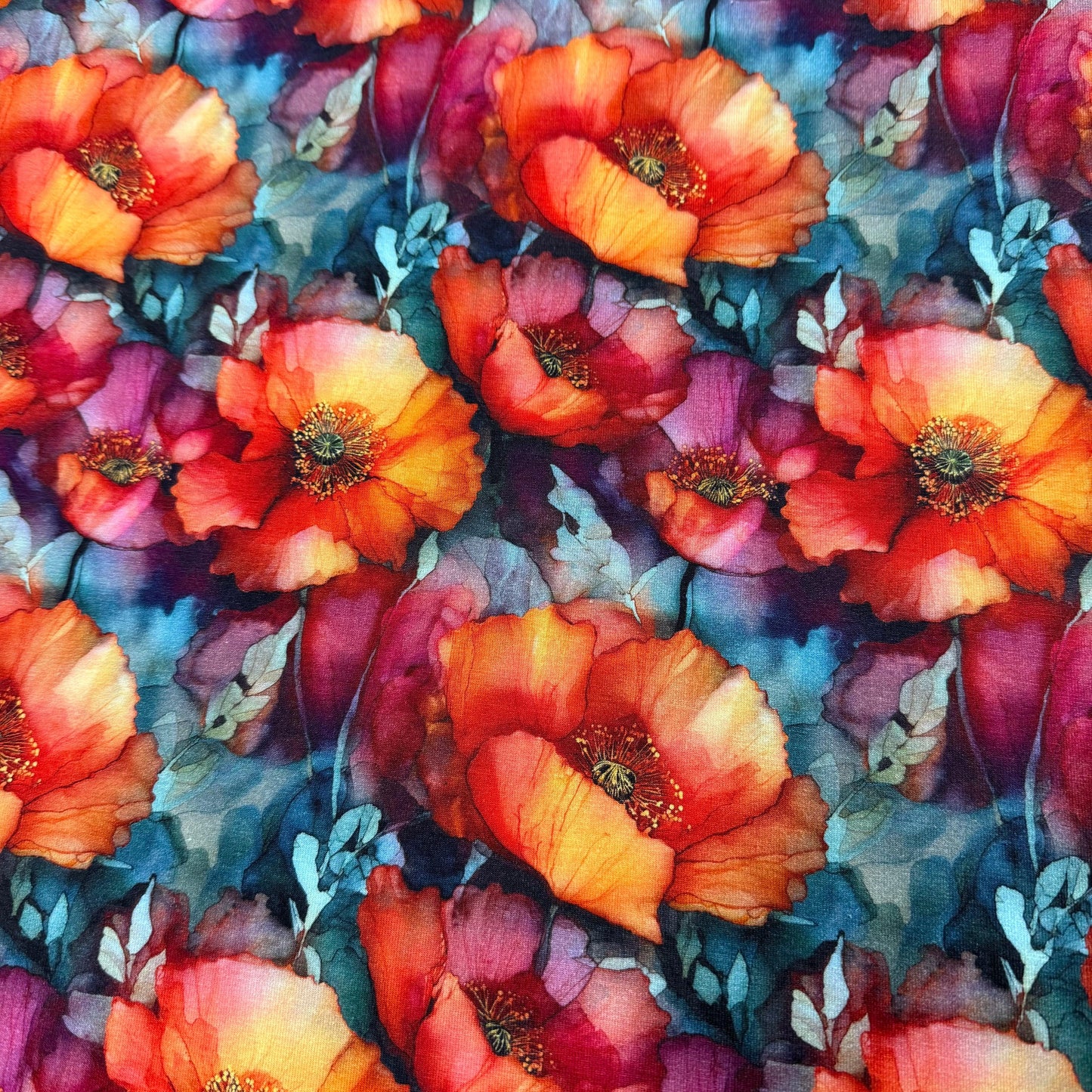 Watercolor Poppies on Bamboo/Spandex Jersey Fabrics