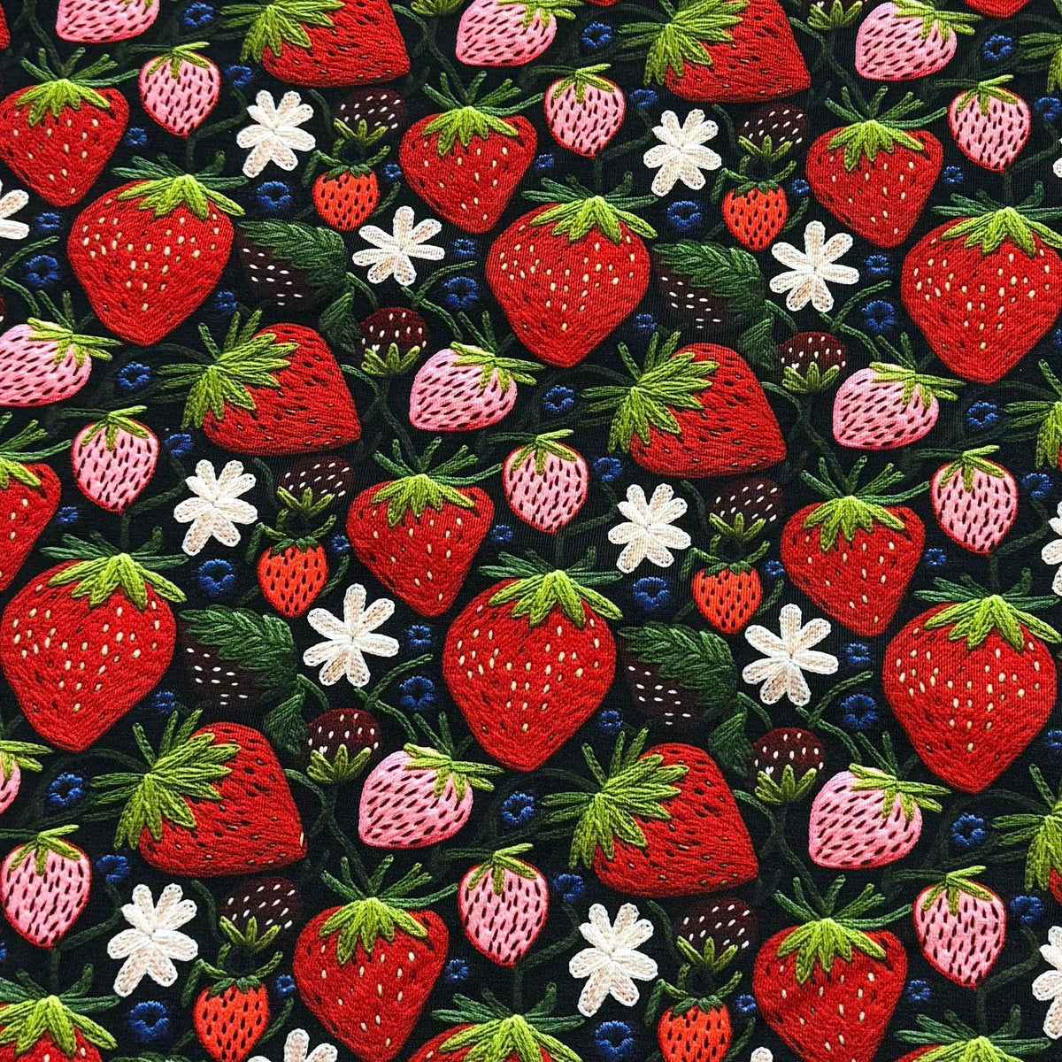 Strawberry print fabric by Nature's Fabrics — vibrant red & pink berries with white flowers on dark background