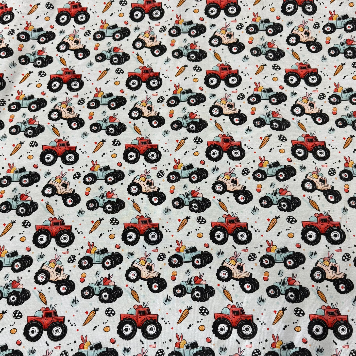 Easter Trucks on Bamboo/Spandex Jersey Fabric