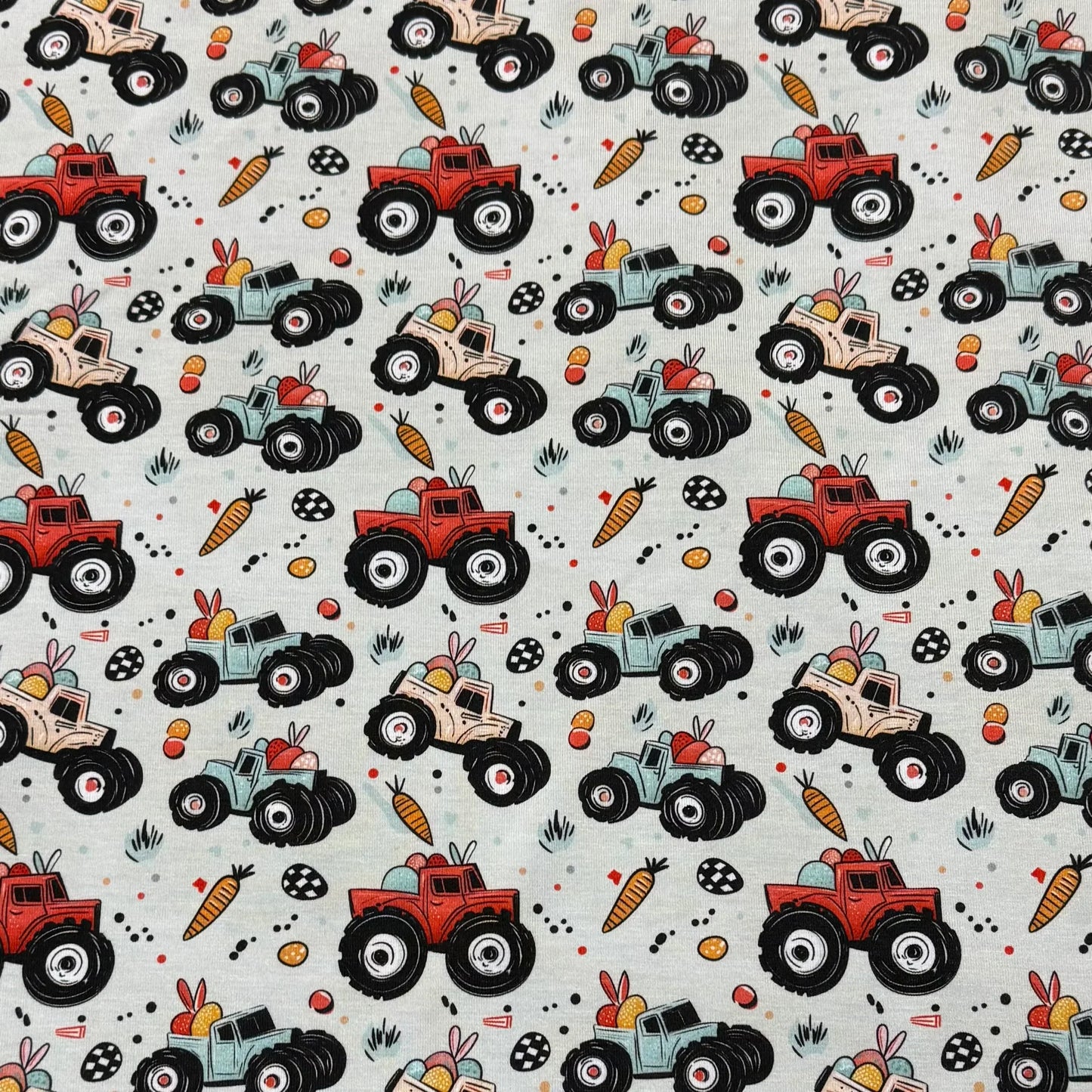 Easter Trucks on Bamboo/Spandex Jersey Fabric