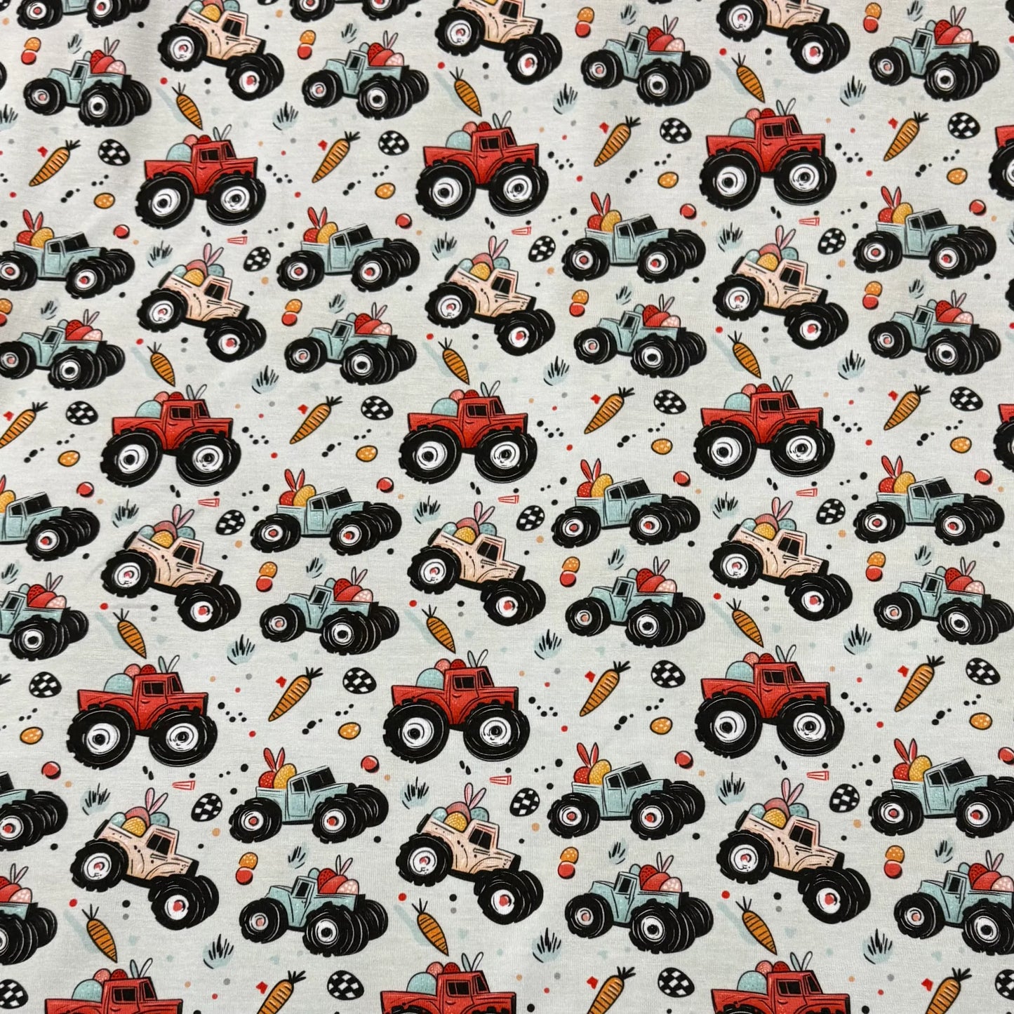 Easter Trucks on Bamboo/Spandex Jersey Fabric