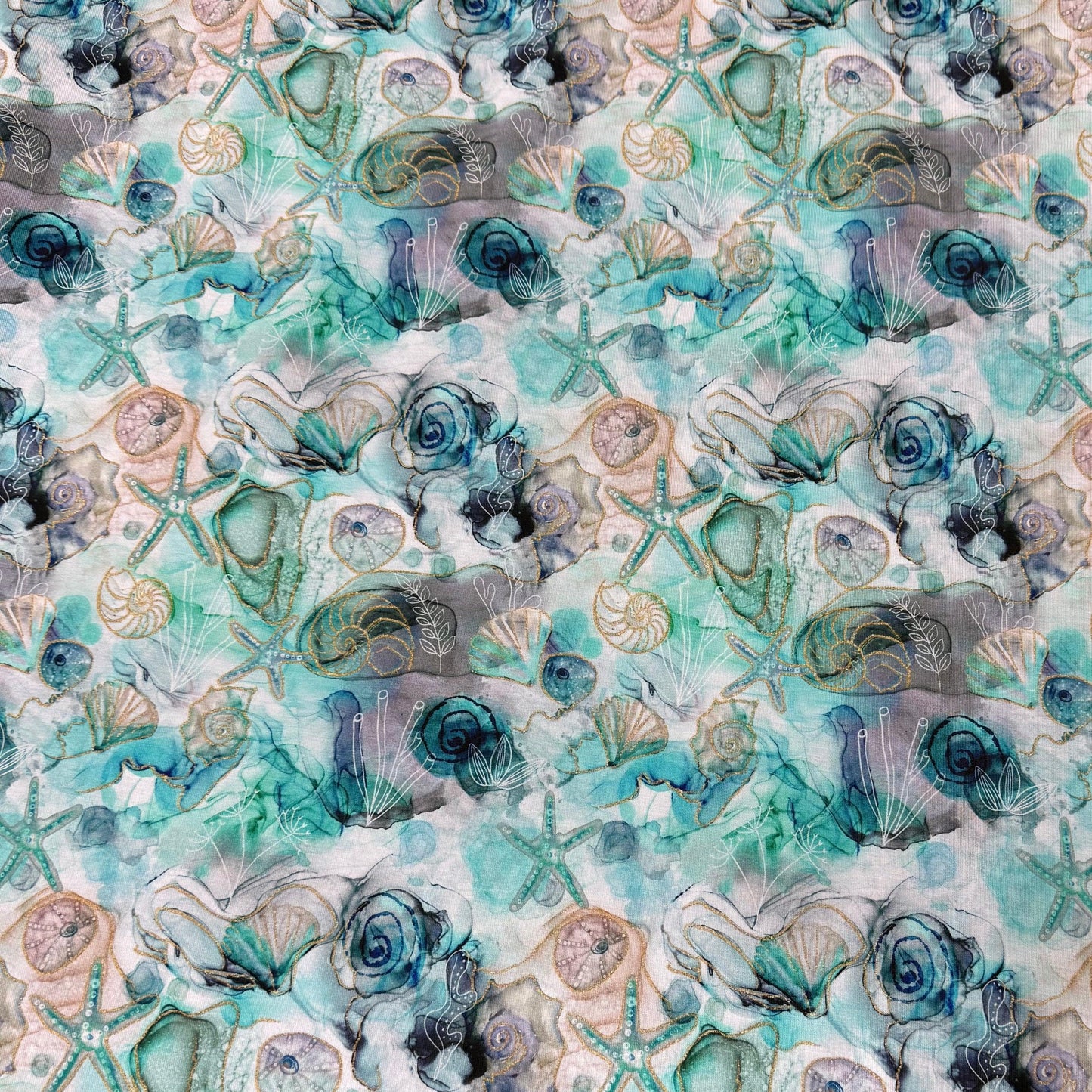 Starfish and Shells on Marble Bamboo/Spandex Jersey Fabric