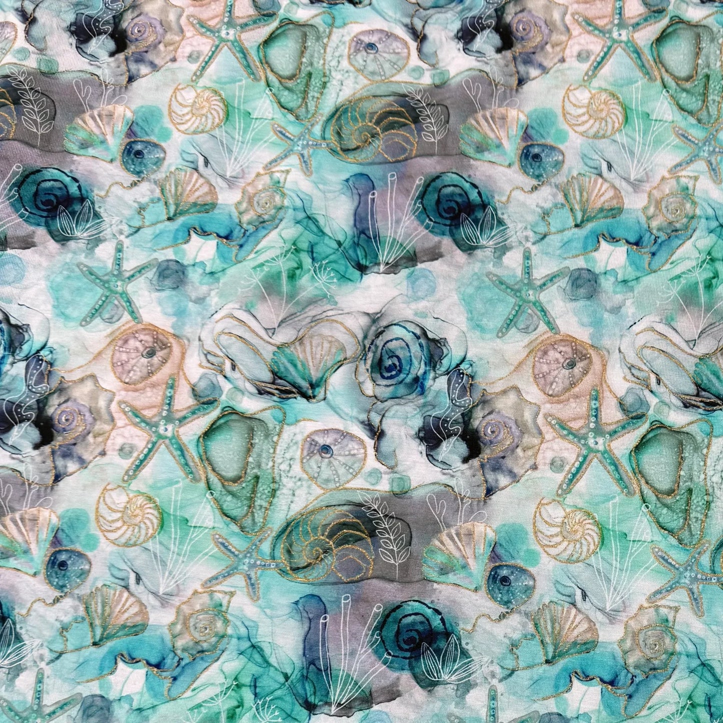 Starfish and Shells on Marble Bamboo/Spandex Jersey Fabric
