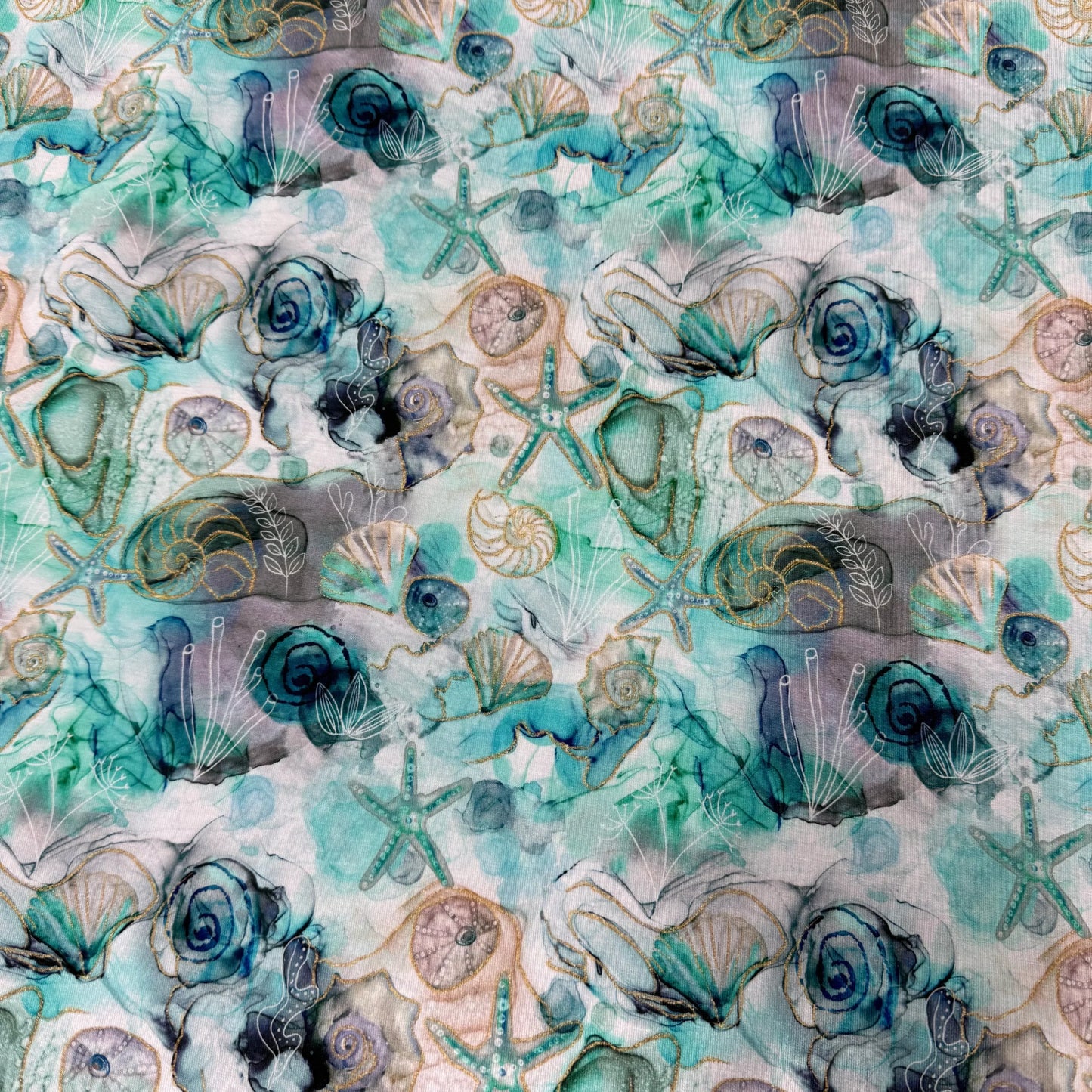 Starfish and Shells on Marble Bamboo/Spandex Jersey Fabric