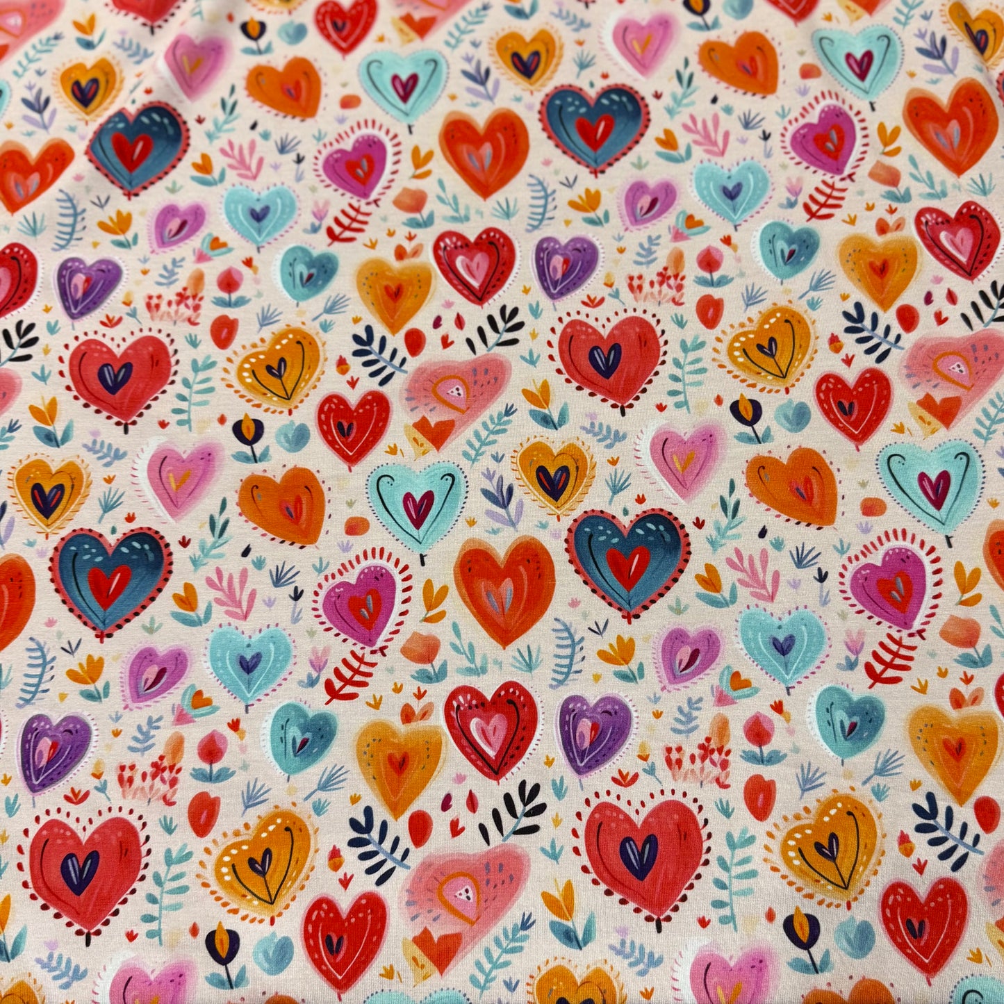 Folk Art Hearts on Bamboo/Spandex Jersey Fabric