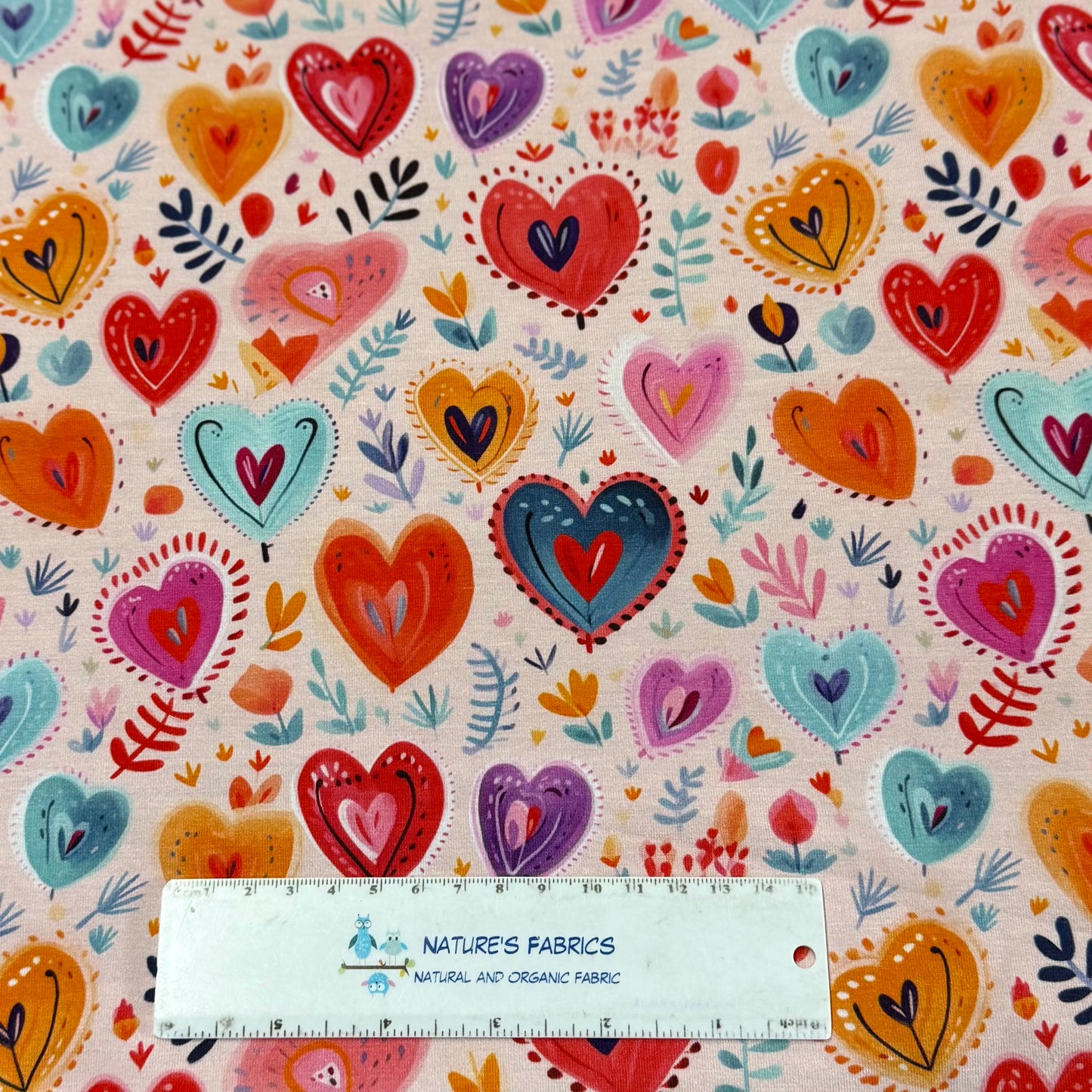 Folk Art Hearts on Bamboo/Spandex Jersey Fabric