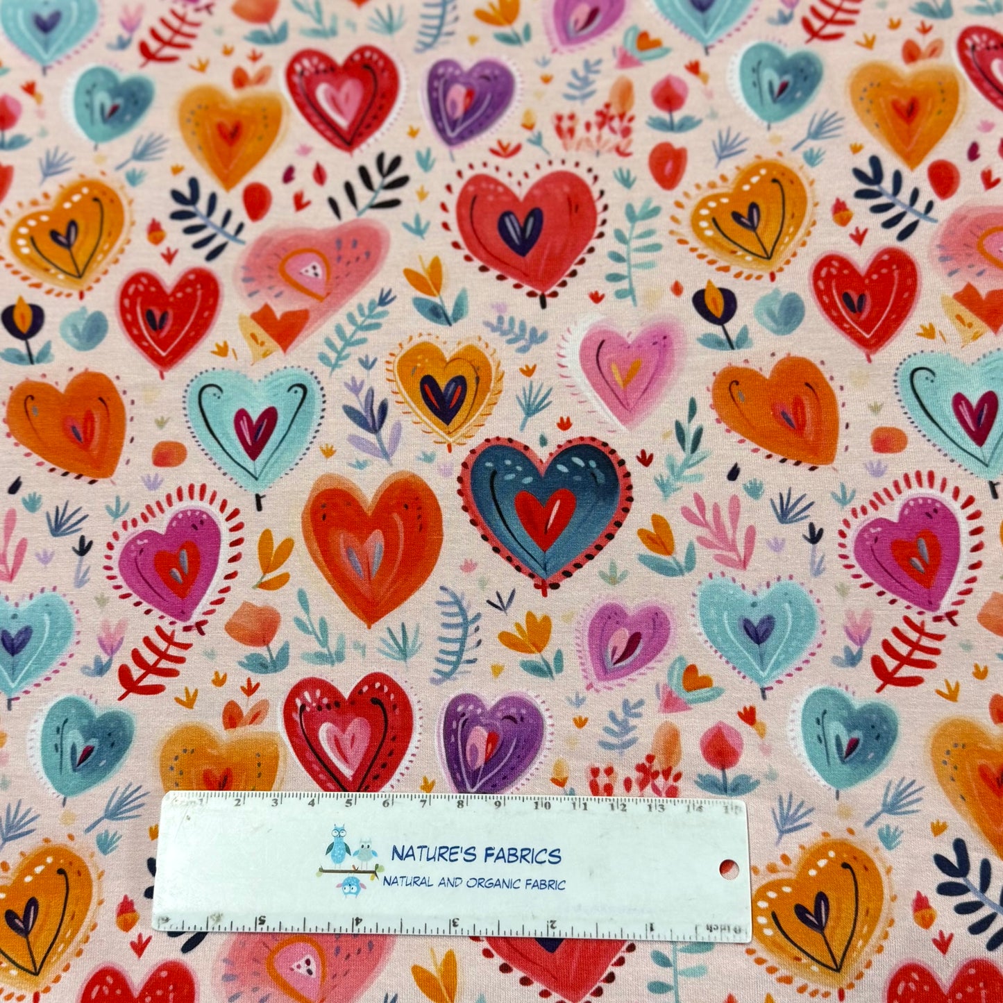 Folk Art Hearts on Bamboo/Spandex Jersey Fabric