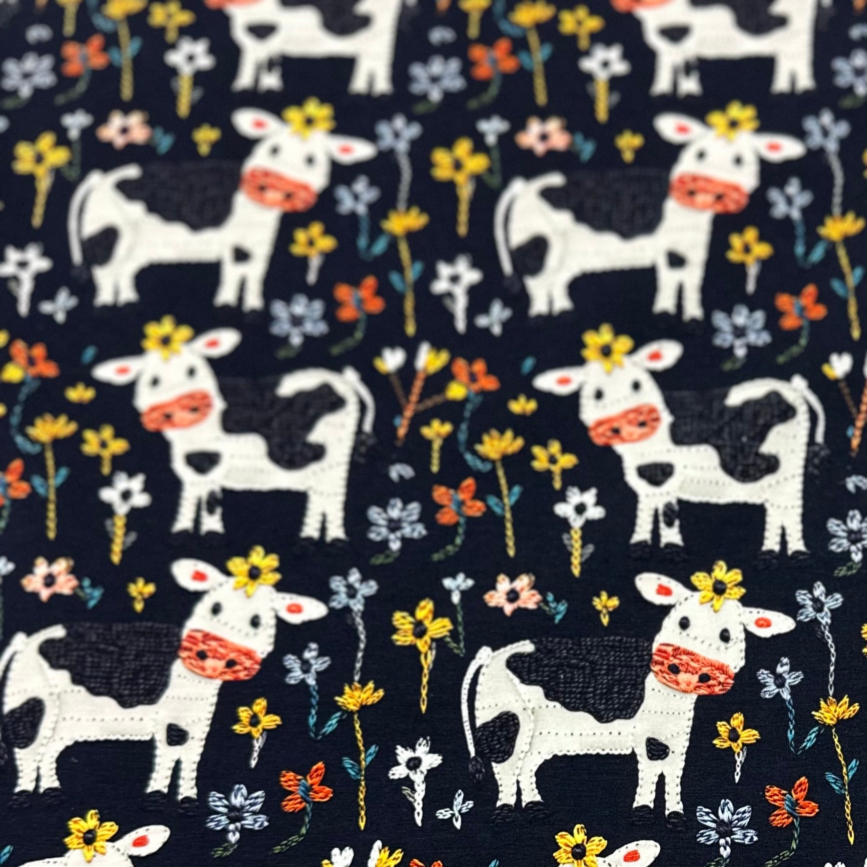 Appliqued Cows on Organic Cotton/Spandex Jersey Fabric - Nature's Fabrics