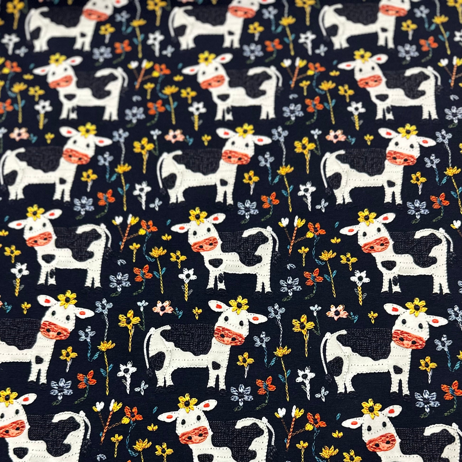 Appliqued Cows on Organic Cotton/Spandex Jersey Fabric - Nature's Fabrics