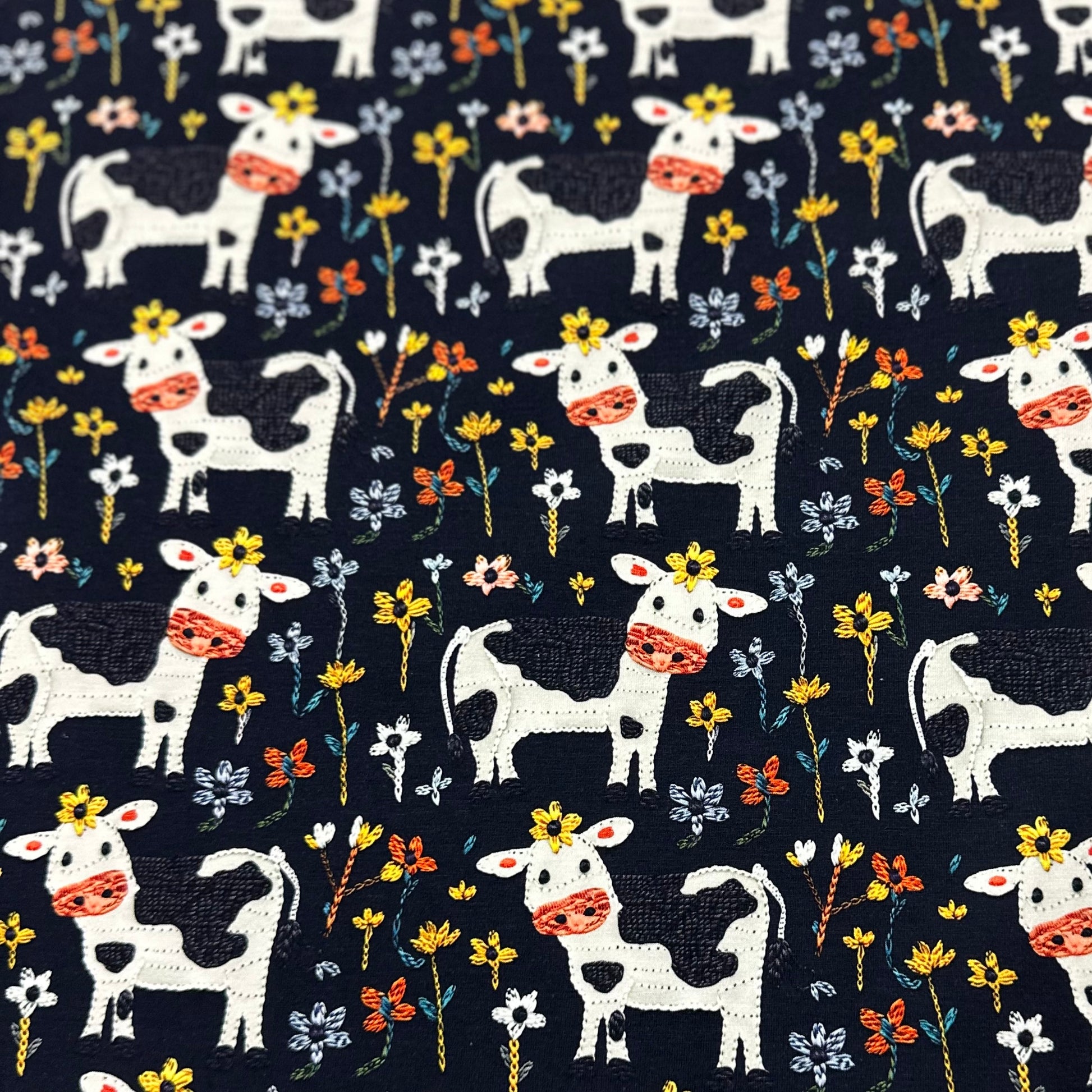 Appliqued Cows on Organic Cotton/Spandex Jersey Fabric - Nature's Fabrics