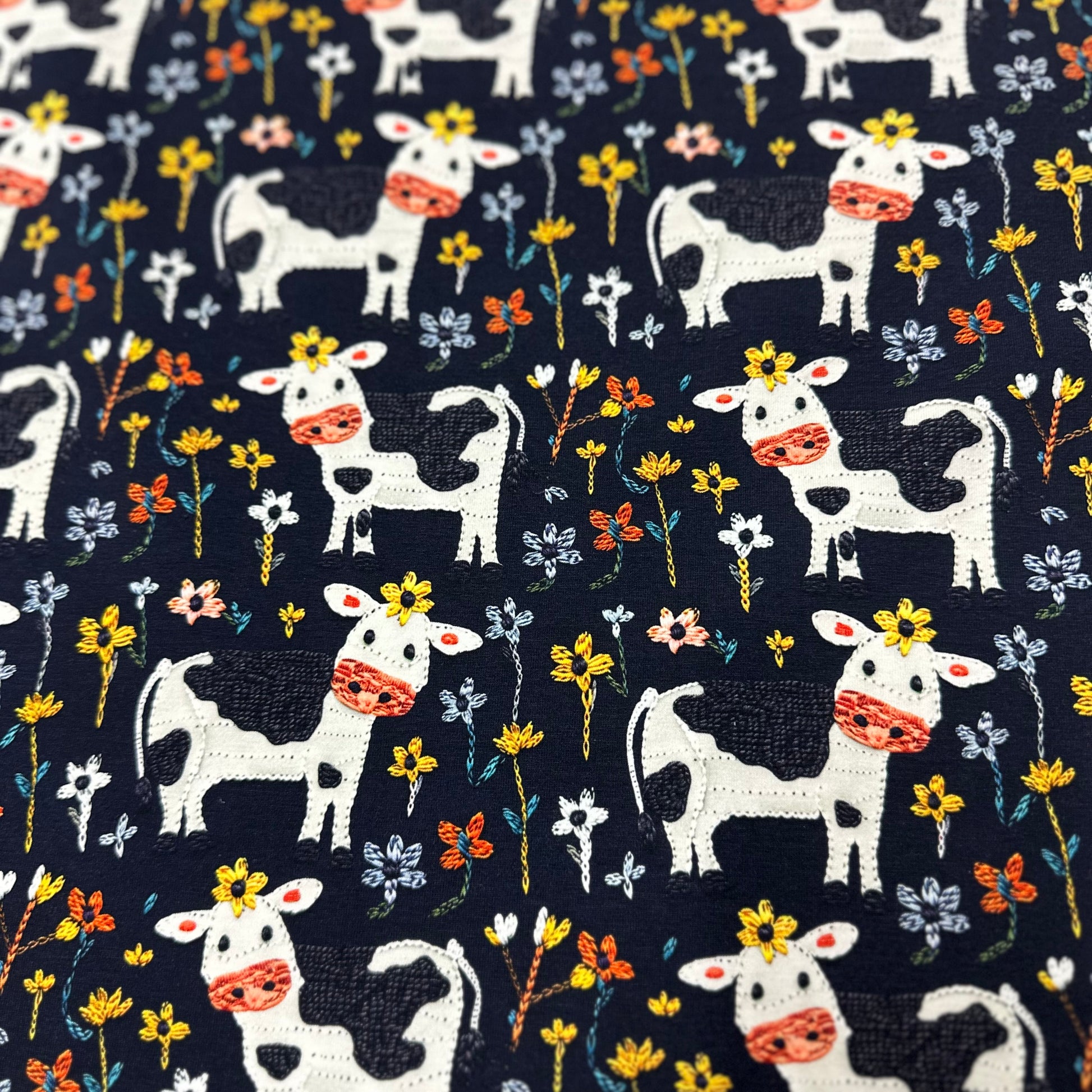 Appliqued Cows on Organic Cotton/Spandex Jersey Fabric - Nature's Fabrics